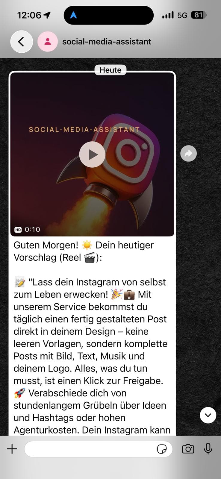 WhatsApp-Chat: der Assistent schlägt morgens einen fertigen Instagram-Post vor
