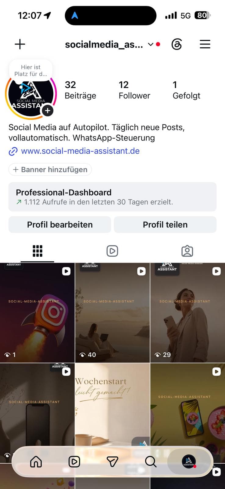 Instagram-Profil eines Betriebs mit automatisch erstellten Beiträgen im Feed